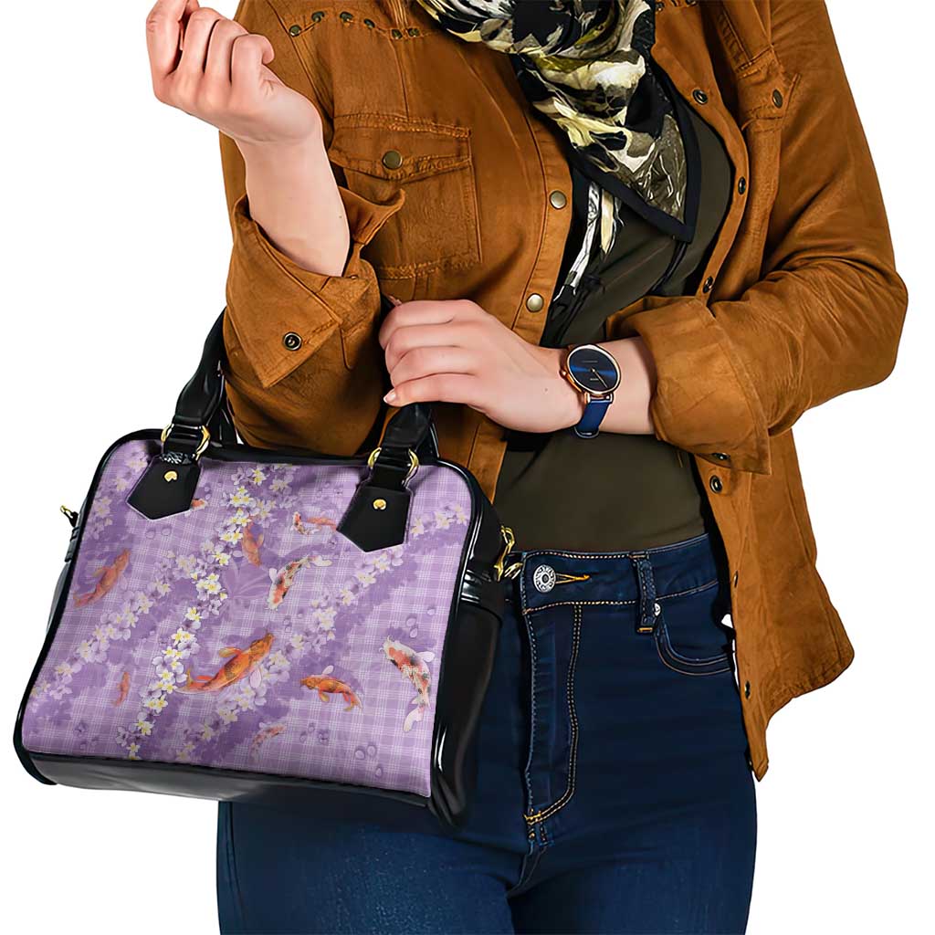 Purple Palaka Hawaiian And Japanese Shoulder Handbag Sakura Lei With Koi Fish - Polynesian Pride
