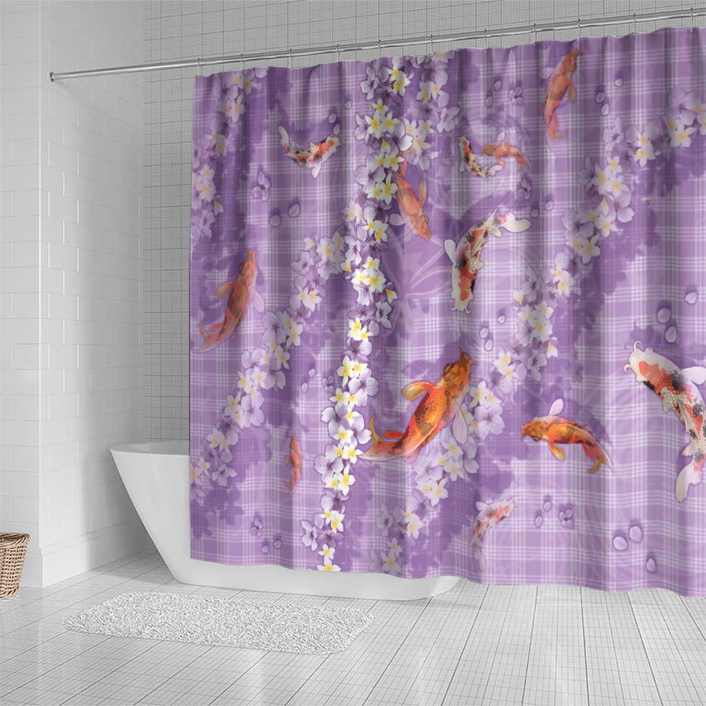 Purple Palaka Hawaiian And Japanese Shower Curtain Sakura Lei With Koi Fish - Polynesian Pride