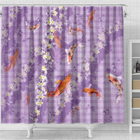 Purple Palaka Hawaiian And Japanese Shower Curtain Sakura Lei With Koi Fish - Polynesian Pride