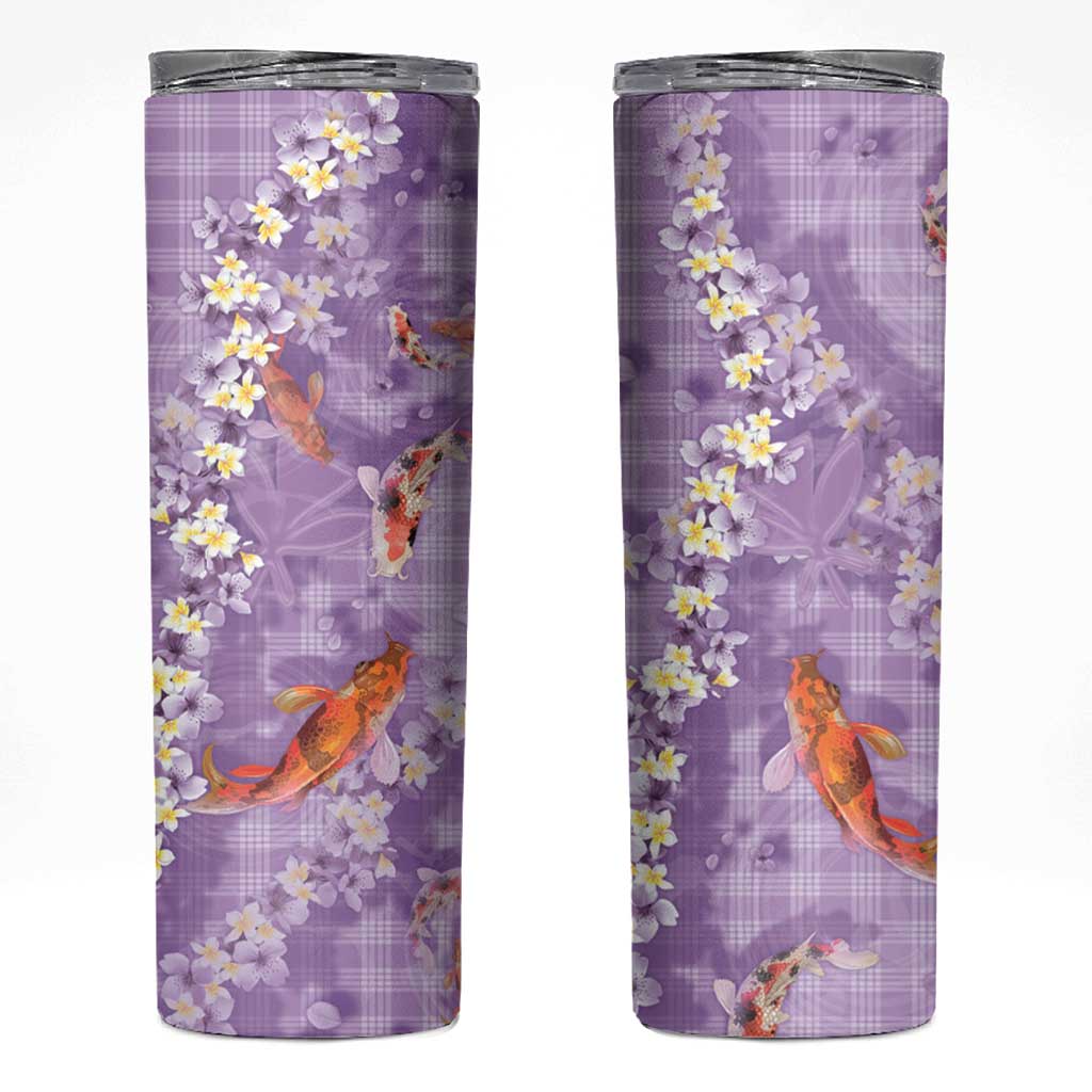 Purple Palaka Hawaiian And Japanese Skinny Tumbler Sakura Lei With Koi Fish - Polynesian Pride