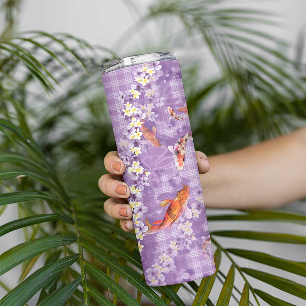 Purple Palaka Hawaiian And Japanese Skinny Tumbler Sakura Lei With Koi Fish - Polynesian Pride