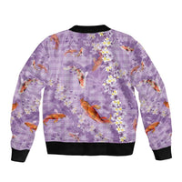 Purple Palaka Hawaiian And Japanese Sleeve Zip Bomber Jacket Sakura Lei With Koi Fish - Polynesian Pride