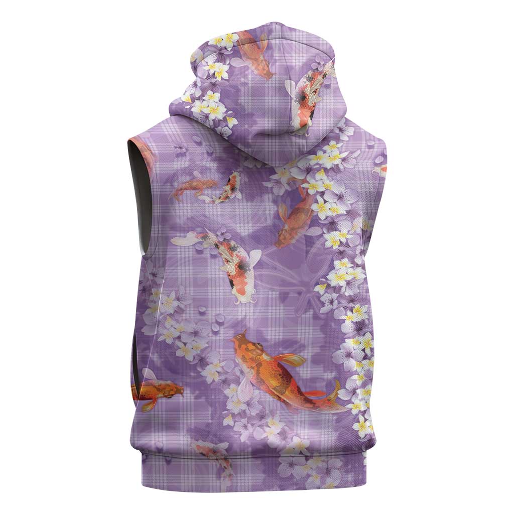 Purple Palaka Hawaiian And Japanese Sleeveless Hoodie Sakura Lei With Koi Fish - Polynesian Pride
