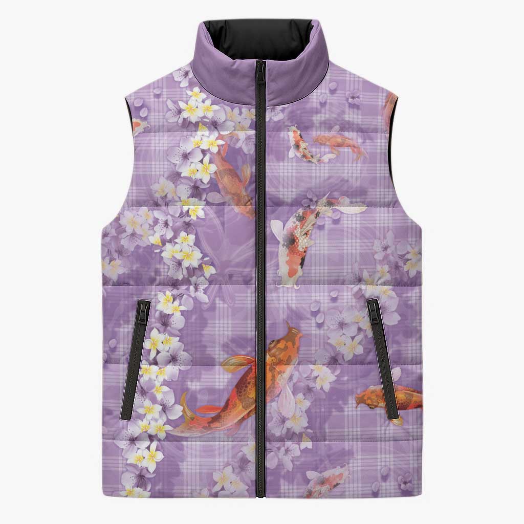 Purple Palaka Hawaiian And Japanese Sleeveless Puffer Jacket Sakura Lei With Koi Fish - Polynesian Pride