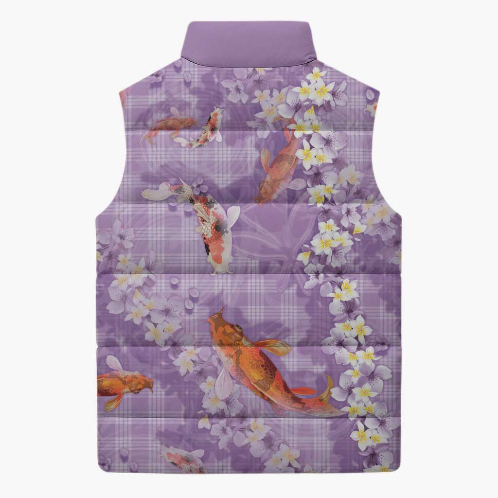 Purple Palaka Hawaiian And Japanese Sleeveless Puffer Jacket Sakura Lei With Koi Fish - Polynesian Pride