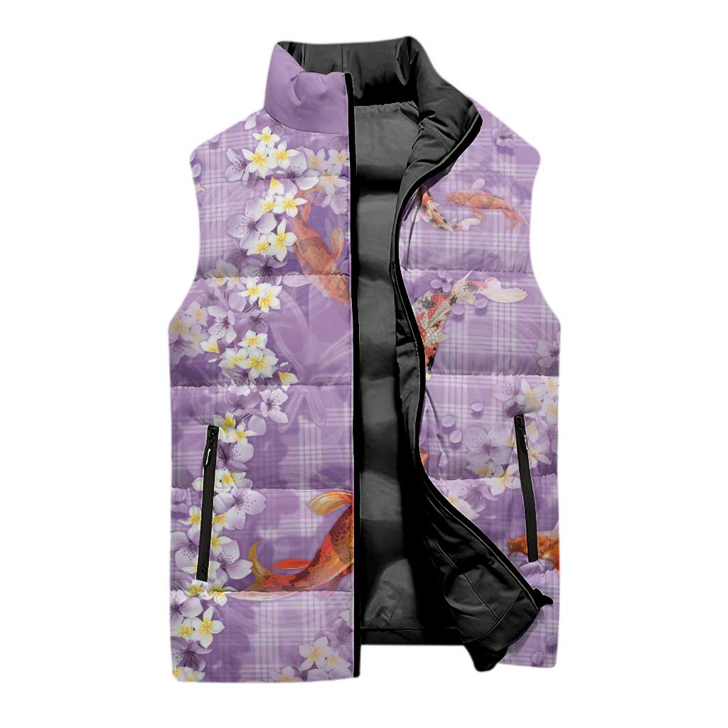 Purple Palaka Hawaiian And Japanese Sleeveless Puffer Jacket Sakura Lei With Koi Fish - Polynesian Pride