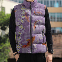 Purple Palaka Hawaiian And Japanese Sleeveless Puffer Jacket Sakura Lei With Koi Fish - Polynesian Pride