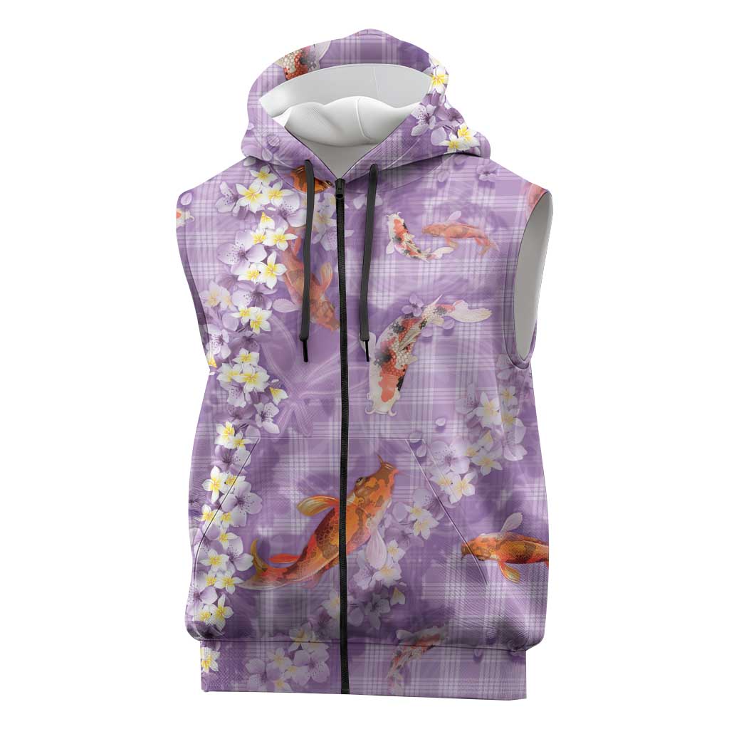Purple Palaka Hawaiian And Japanese Sleeveless Zip Hoodie Sakura Lei With Koi Fish - Polynesian Pride