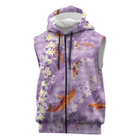 Purple Palaka Hawaiian And Japanese Sleeveless Zip Hoodie Sakura Lei With Koi Fish - Polynesian Pride