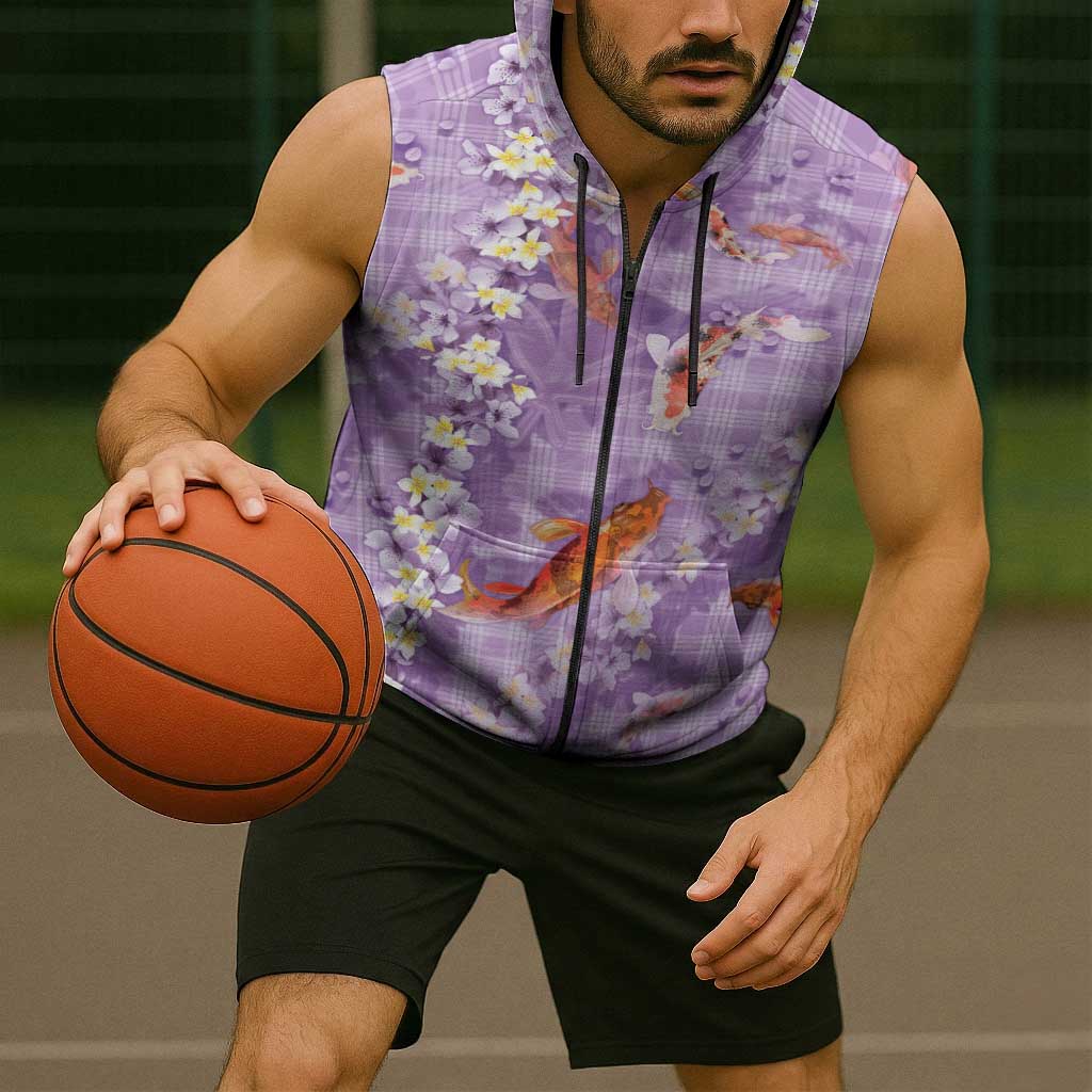 Purple Palaka Hawaiian And Japanese Sleeveless Zip Hoodie Sakura Lei With Koi Fish - Polynesian Pride