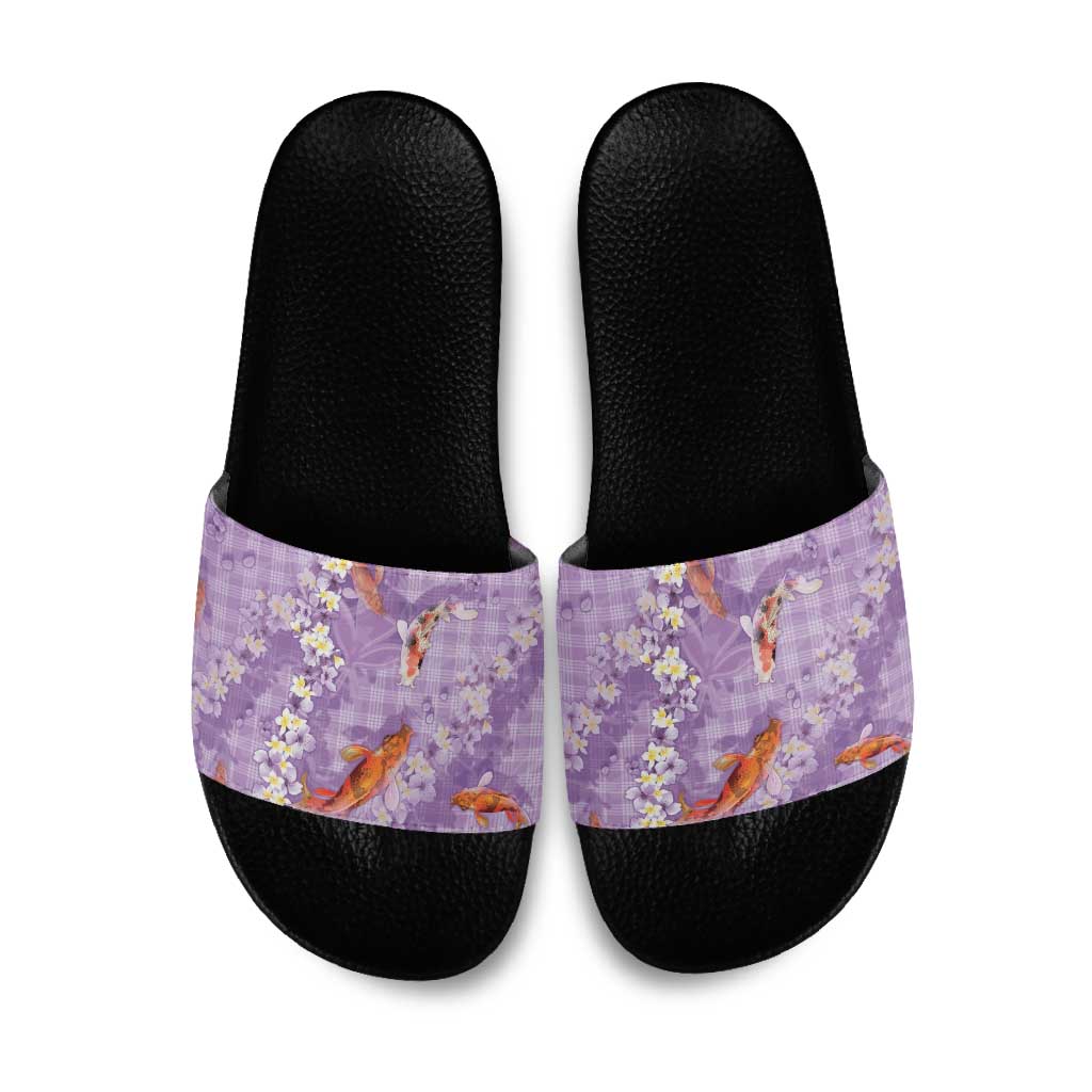 Purple Palaka Hawaiian And Japanese Slide Sandals Sakura Lei With Koi Fish - Polynesian Pride