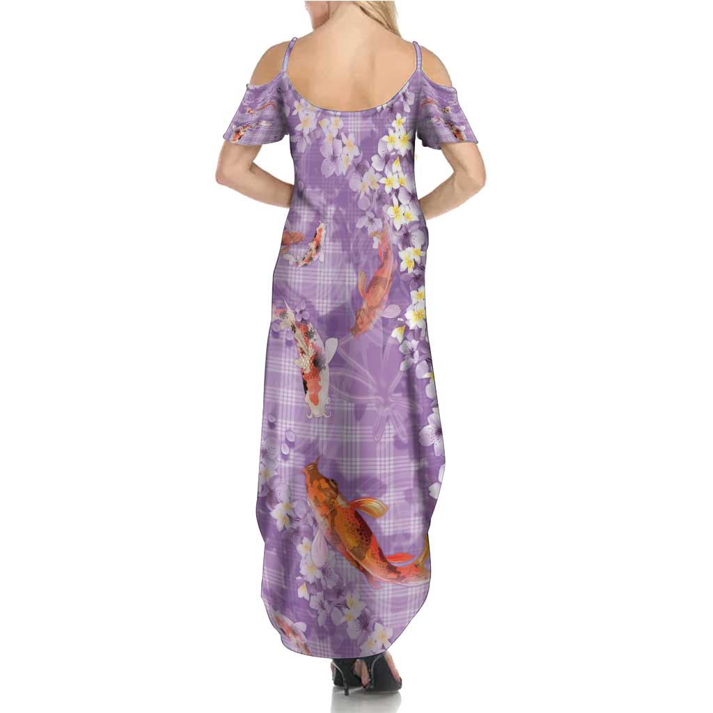 Purple Palaka Hawaiian And Japanese Summer Maxi Dress Sakura Lei With Koi Fish - Polynesian Pride