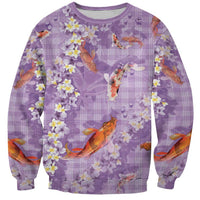Purple Palaka Hawaiian And Japanese Sweatshirt Sakura Lei With Koi Fish - Polynesian Pride