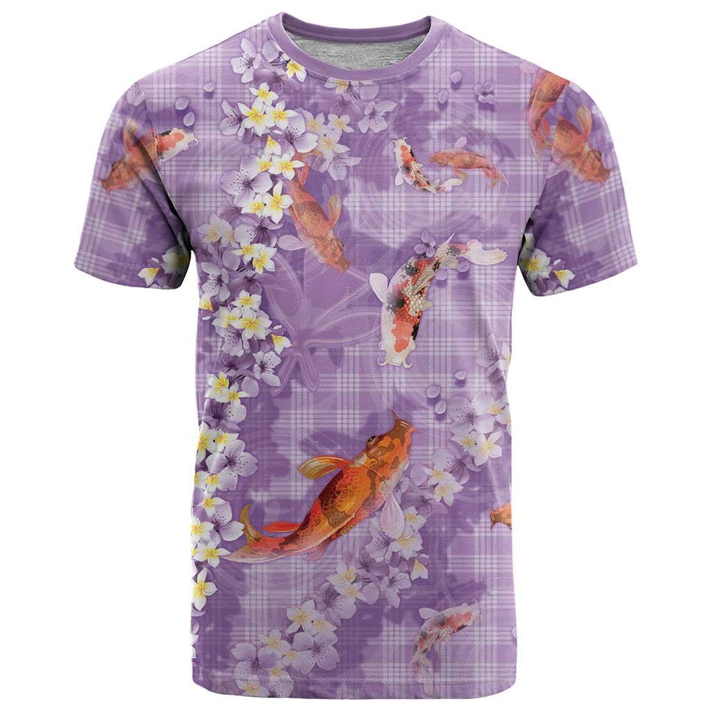 Purple Palaka Hawaiian And Japanese T Shirt Sakura Lei With Koi Fish - Polynesian Pride