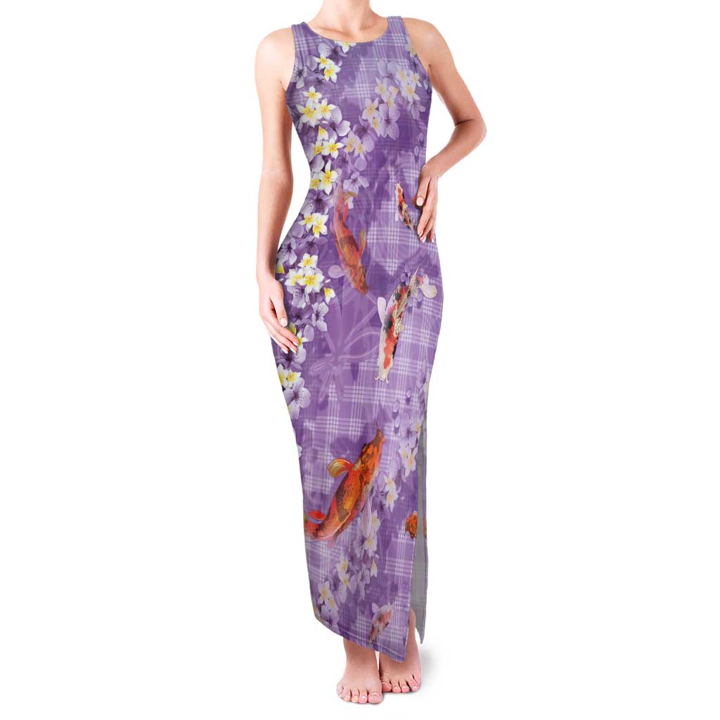 Purple Palaka Hawaiian And Japanese Tank Maxi Dress Sakura Lei With Koi Fish - Polynesian Pride