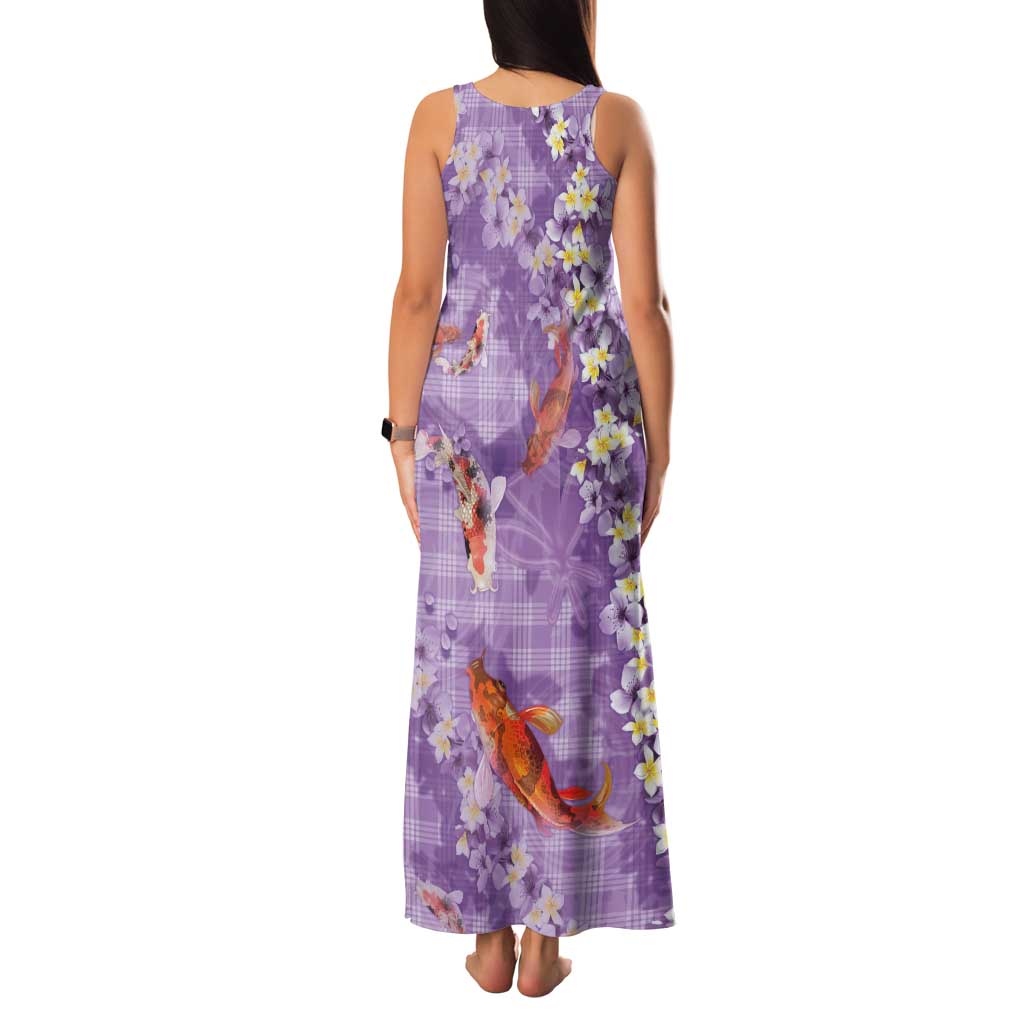 Purple Palaka Hawaiian And Japanese Tank Maxi Dress Sakura Lei With Koi Fish - Polynesian Pride