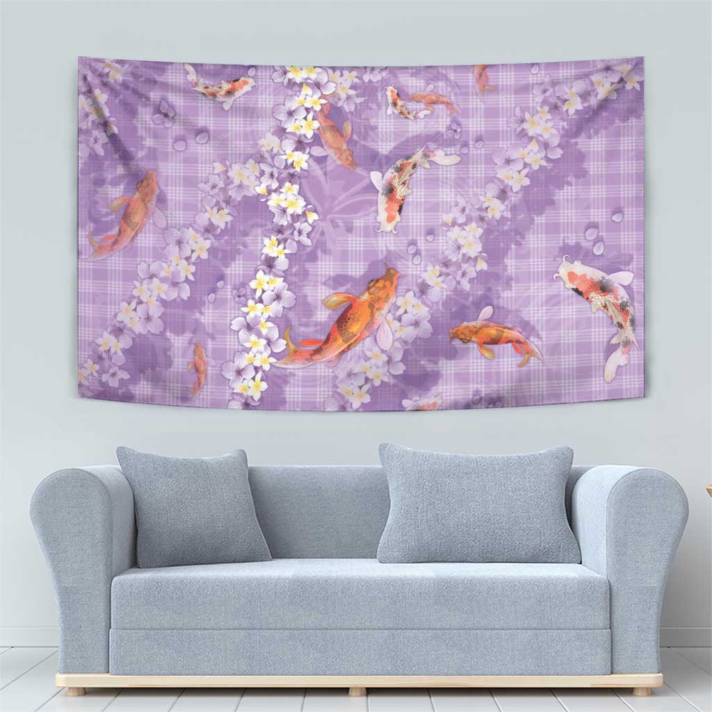 Purple Palaka Hawaiian And Japanese Tapestry Sakura Lei With Koi Fish - Polynesian Pride