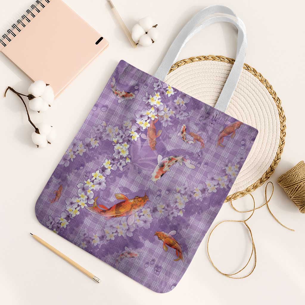 Purple Palaka Hawaiian And Japanese Tote Bag Sakura Lei With Koi Fish - Polynesian Pride