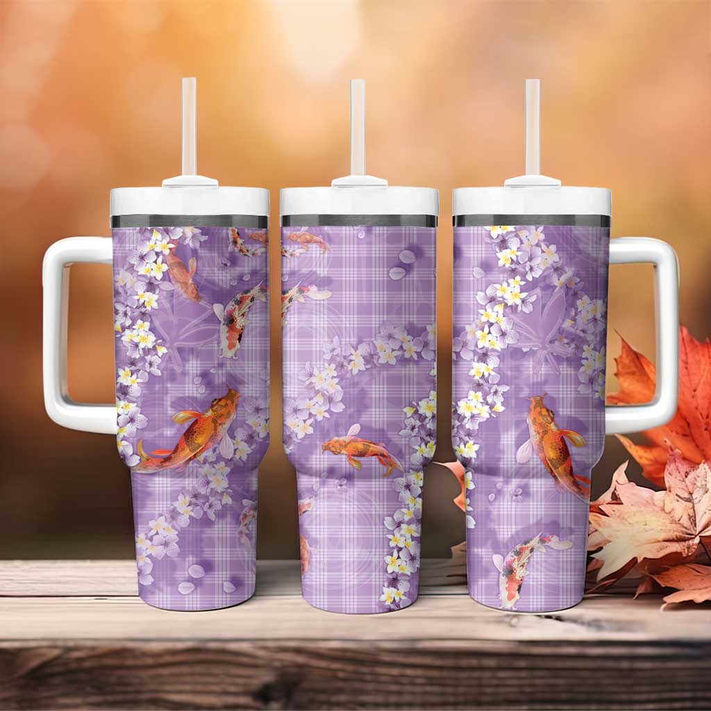 Purple Palaka Hawaiian And Japanese Tumbler With Handle Sakura Lei With Koi Fish - Polynesian Pride