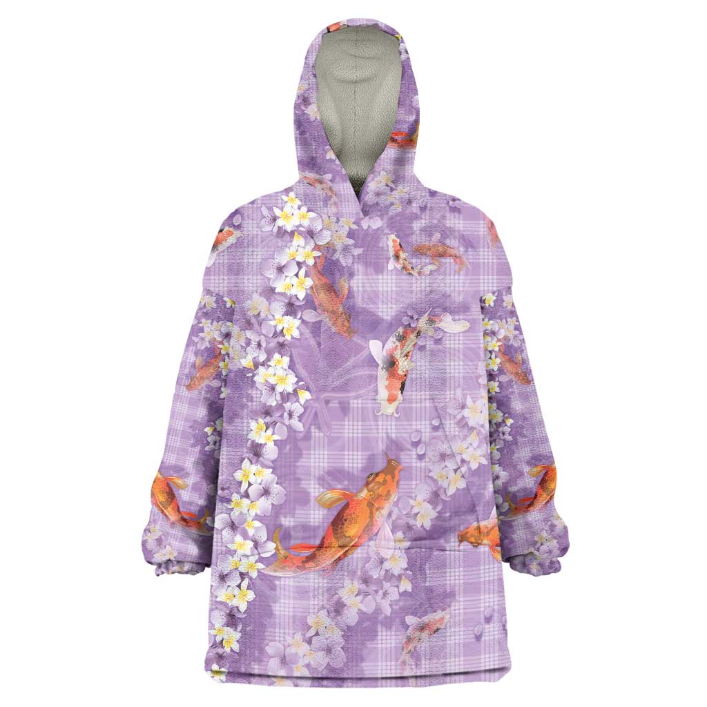 Purple Palaka Hawaiian And Japanese Wearable Blanket Hoodie Sakura Lei With Koi Fish - Polynesian Pride