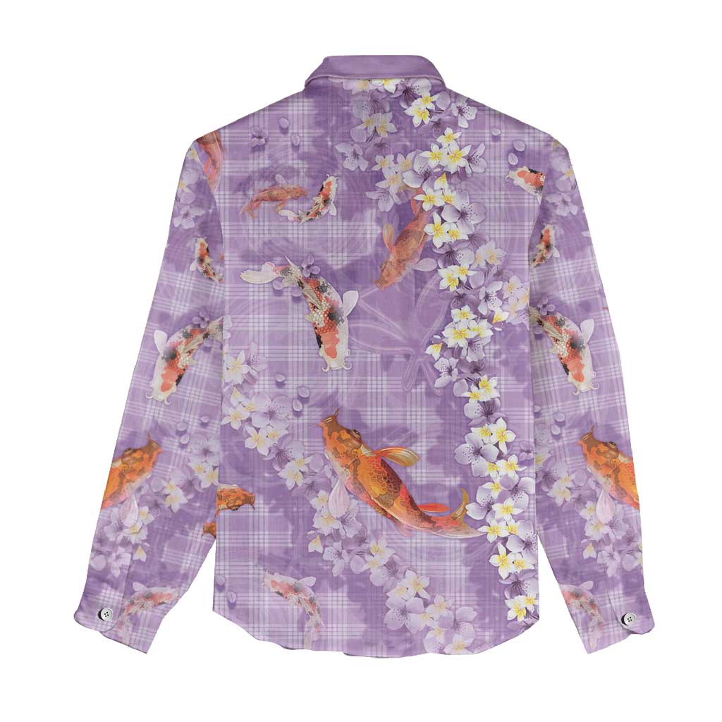 Purple Palaka Hawaiian And Japanese Women Casual Shirt Sakura Lei With Koi Fish - Polynesian Pride
