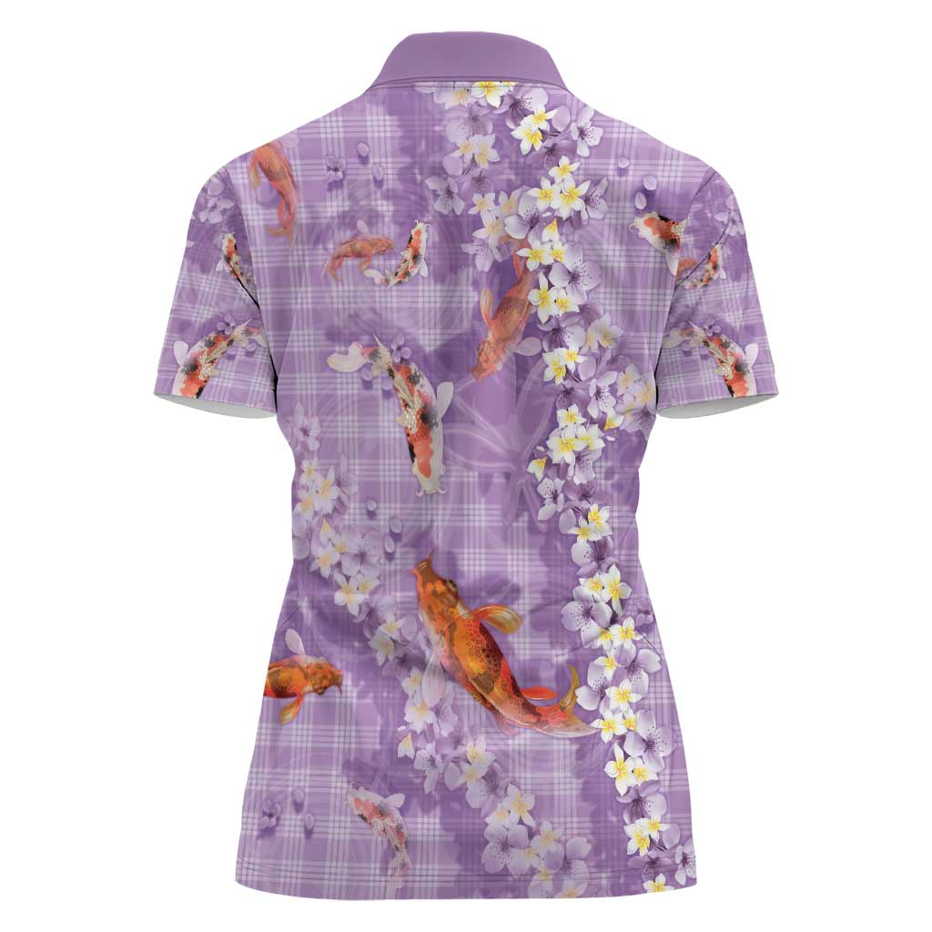 Purple Palaka Hawaiian And Japanese Women Polo Shirt Sakura Lei With Koi Fish - Polynesian Pride