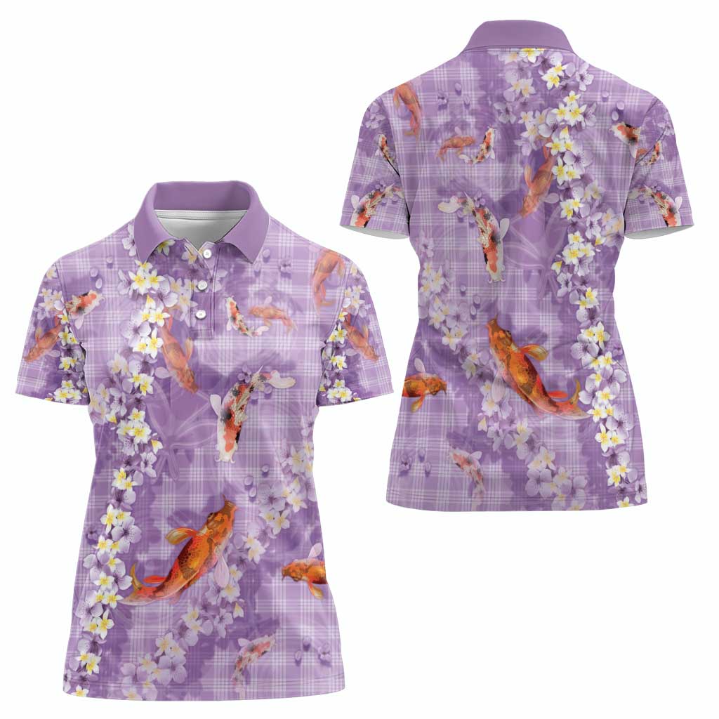 Purple Palaka Hawaiian And Japanese Women Polo Shirt Sakura Lei With Koi Fish - Polynesian Pride