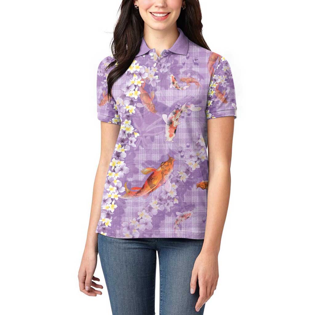 Purple Palaka Hawaiian And Japanese Women Polo Shirt Sakura Lei With Koi Fish - Polynesian Pride