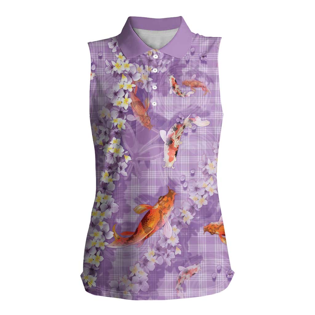 Purple Palaka Hawaiian And Japanese Women Sleeveless Polo Shirt Sakura Lei With Koi Fish - Polynesian Pride
