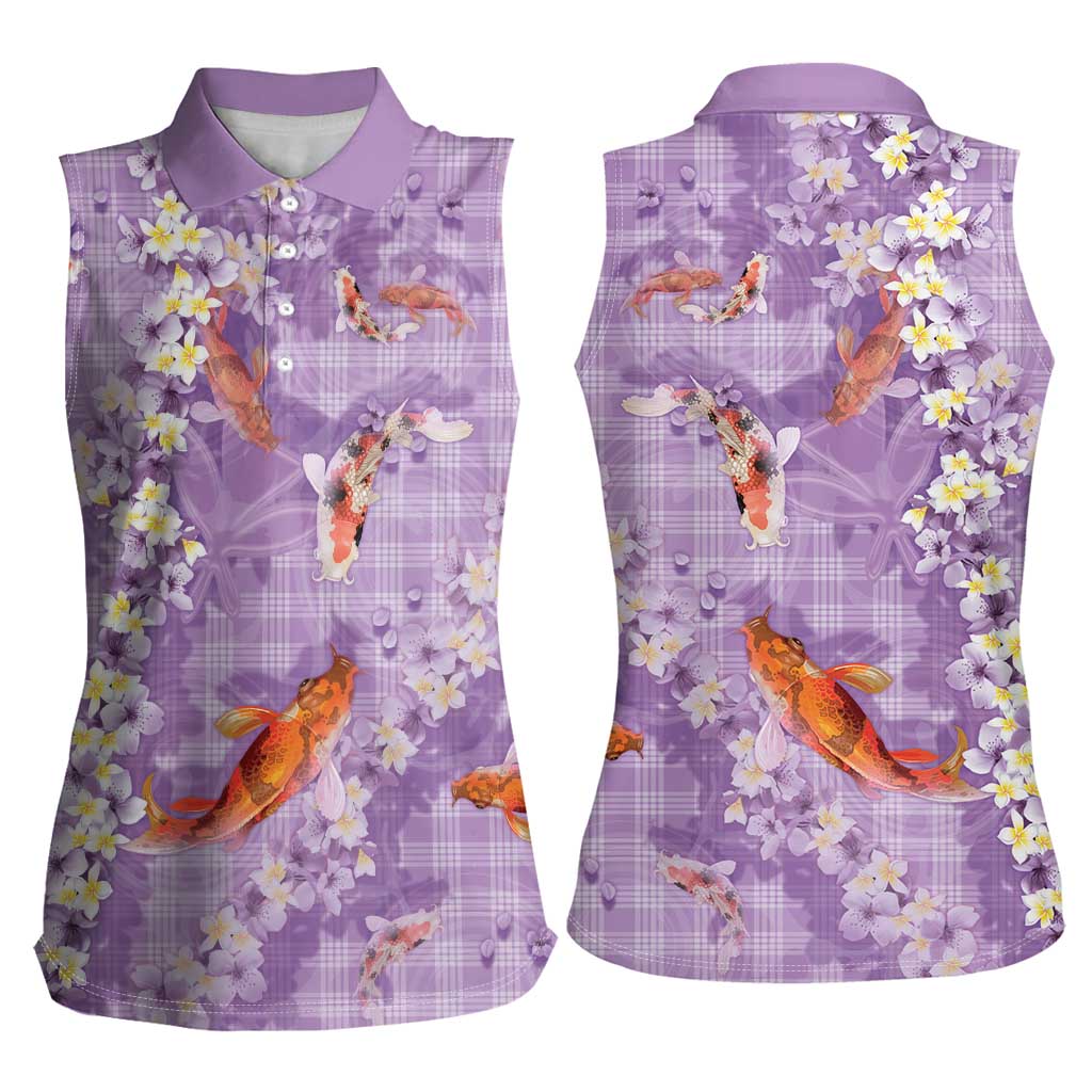 Purple Palaka Hawaiian And Japanese Women Sleeveless Polo Shirt Sakura Lei With Koi Fish - Polynesian Pride