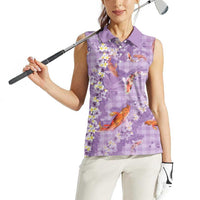 Purple Palaka Hawaiian And Japanese Women Sleeveless Polo Shirt Sakura Lei With Koi Fish - Polynesian Pride