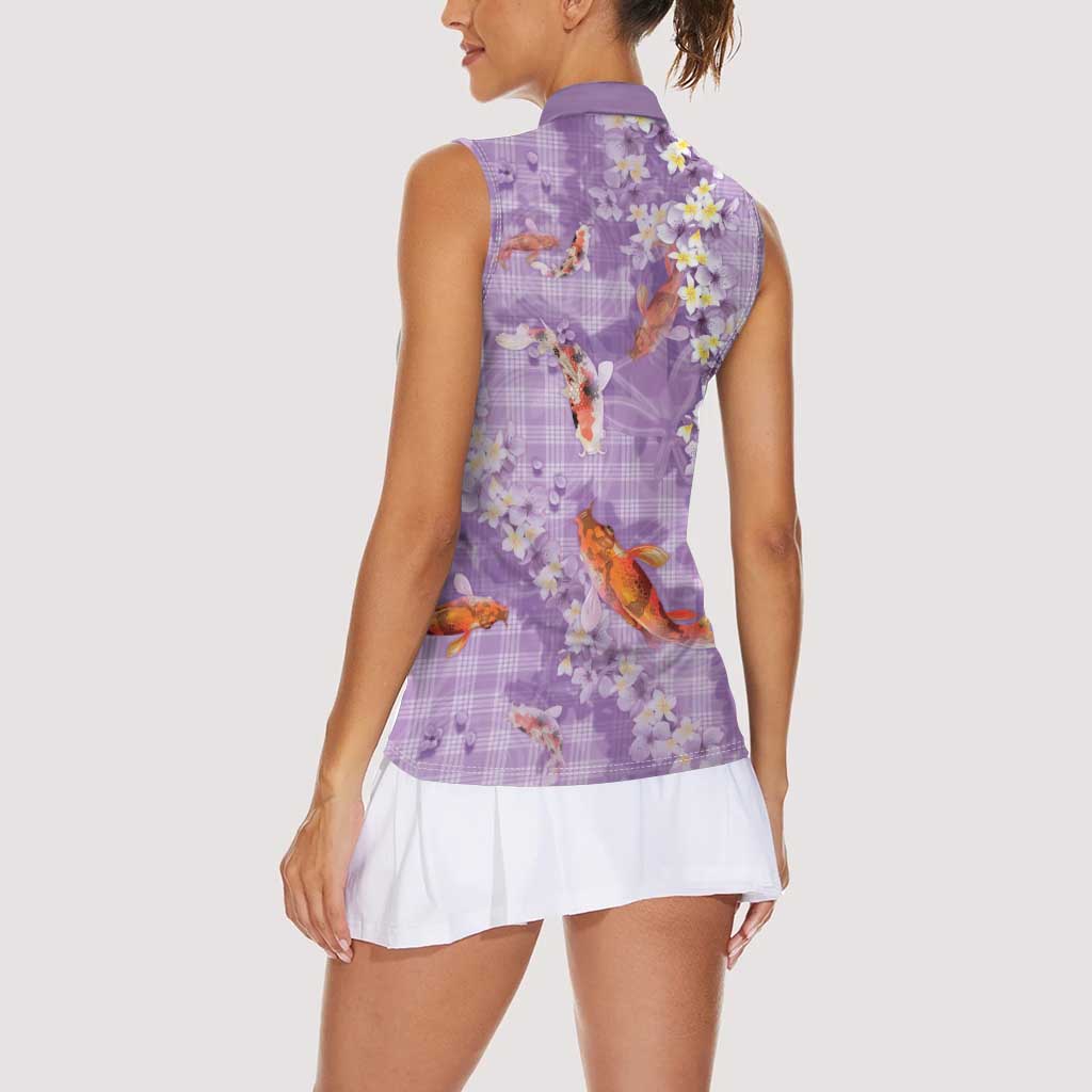 Purple Palaka Hawaiian And Japanese Women Sleeveless Polo Shirt Sakura Lei With Koi Fish - Polynesian Pride
