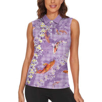 Purple Palaka Hawaiian And Japanese Women Sleeveless Polo Shirt Sakura Lei With Koi Fish - Polynesian Pride