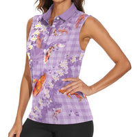 Purple Palaka Hawaiian And Japanese Women Sleeveless Polo Shirt Sakura Lei With Koi Fish - Polynesian Pride