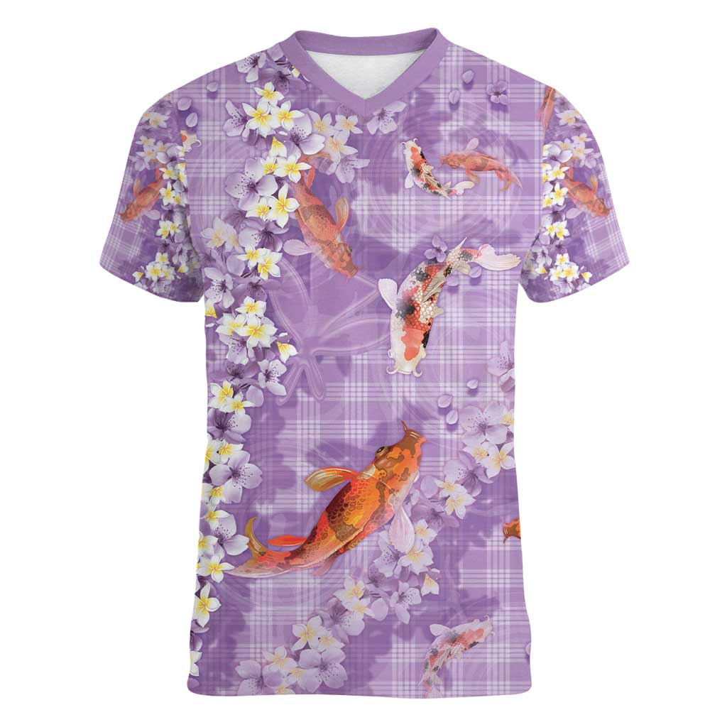 Purple Palaka Hawaiian And Japanese Women V-Neck T-Shirt Sakura Lei With Koi Fish - Polynesian Pride