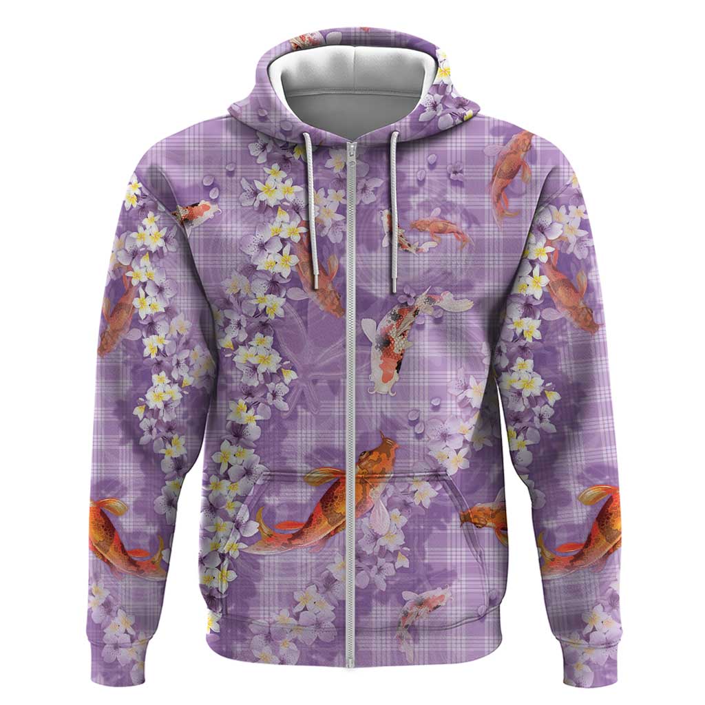 Purple Palaka Hawaiian And Japanese Zip Hoodie Sakura Lei With Koi Fish - Polynesian Pride