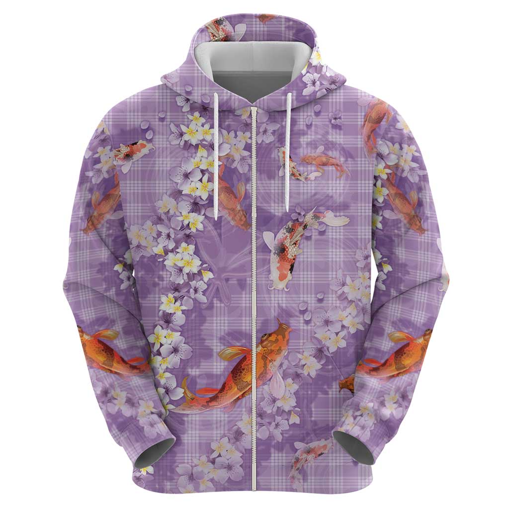 Purple Palaka Hawaiian And Japanese Zip Hoodie Sakura Lei With Koi Fish - Polynesian Pride