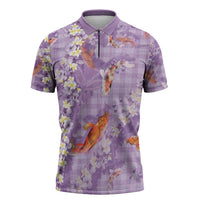 Purple Palaka Hawaiian And Japanese Zipper Polo Shirt Sakura Lei With Koi Fish - Polynesian Pride