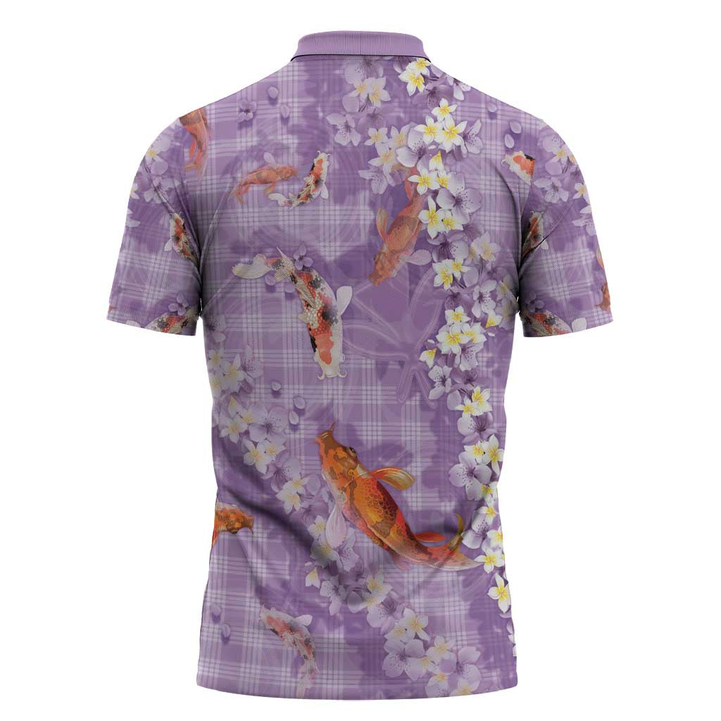 Purple Palaka Hawaiian And Japanese Zipper Polo Shirt Sakura Lei With Koi Fish - Polynesian Pride
