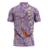 Purple Palaka Hawaiian And Japanese Zipper Polo Shirt Sakura Lei With Koi Fish - Polynesian Pride