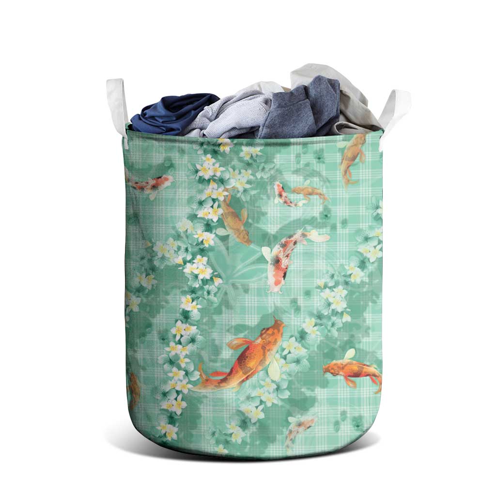 Green Palaka Hawaiian And Japanese Laundry Basket Sakura Lei With Koi Fish - Polynesian Pride