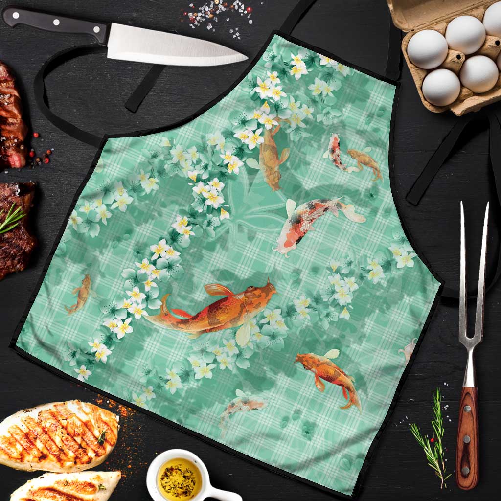 Green Palaka Hawaiian And Japanese Apron Sakura Lei With Koi Fish - Polynesian Pride