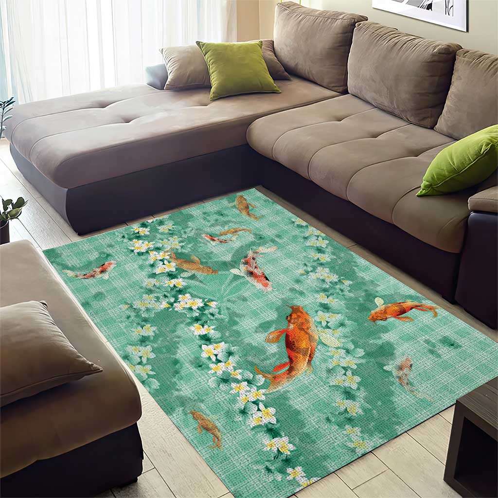Green Palaka Hawaiian And Japanese Area Rug Sakura Lei With Koi Fish - Polynesian Pride
