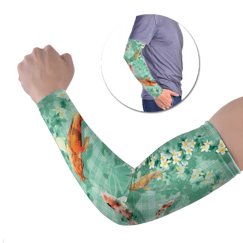 Green Palaka Hawaiian And Japanese Arm Sleeves Sakura Lei With Koi Fish - Polynesian Pride