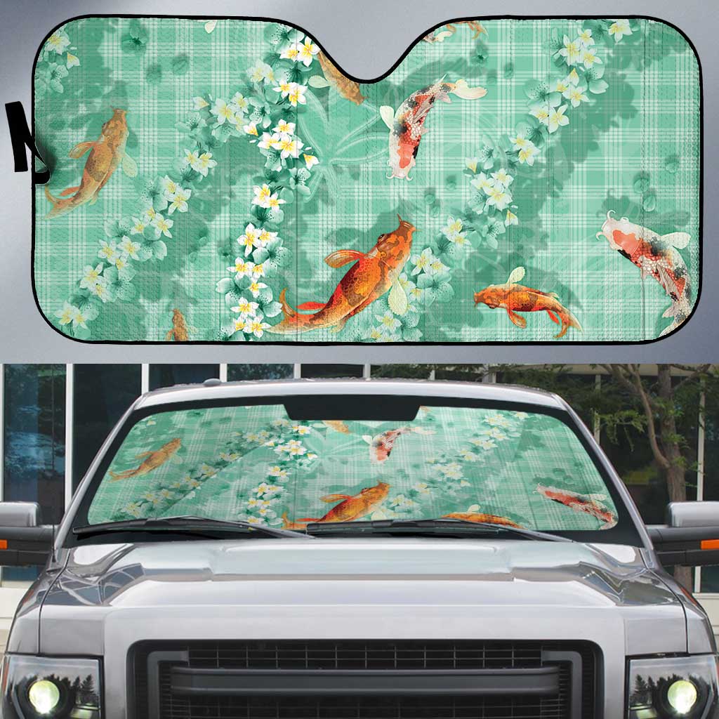 Green Palaka Hawaiian And Japanese Auto Sun Shade Sakura Lei With Koi Fish - Polynesian Pride