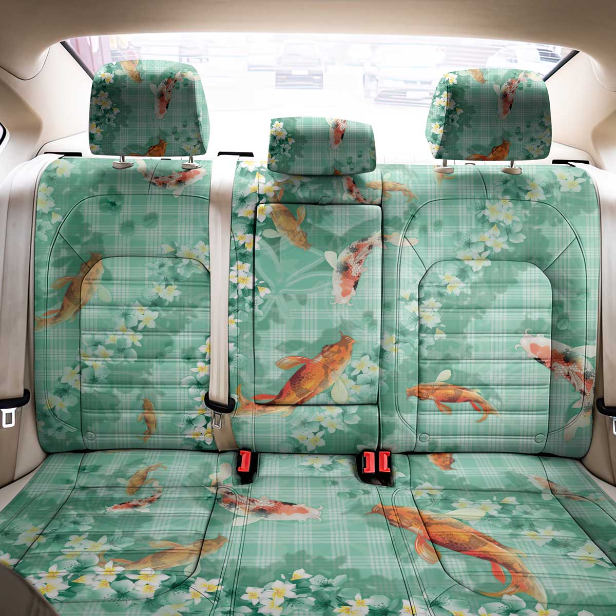 Green Palaka Hawaiian And Japanese Back Car Seat Cover Sakura Lei With Koi Fish - Polynesian Pride