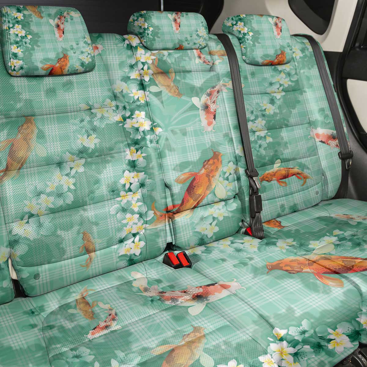 Green Palaka Hawaiian And Japanese Back Car Seat Cover Sakura Lei With Koi Fish - Polynesian Pride