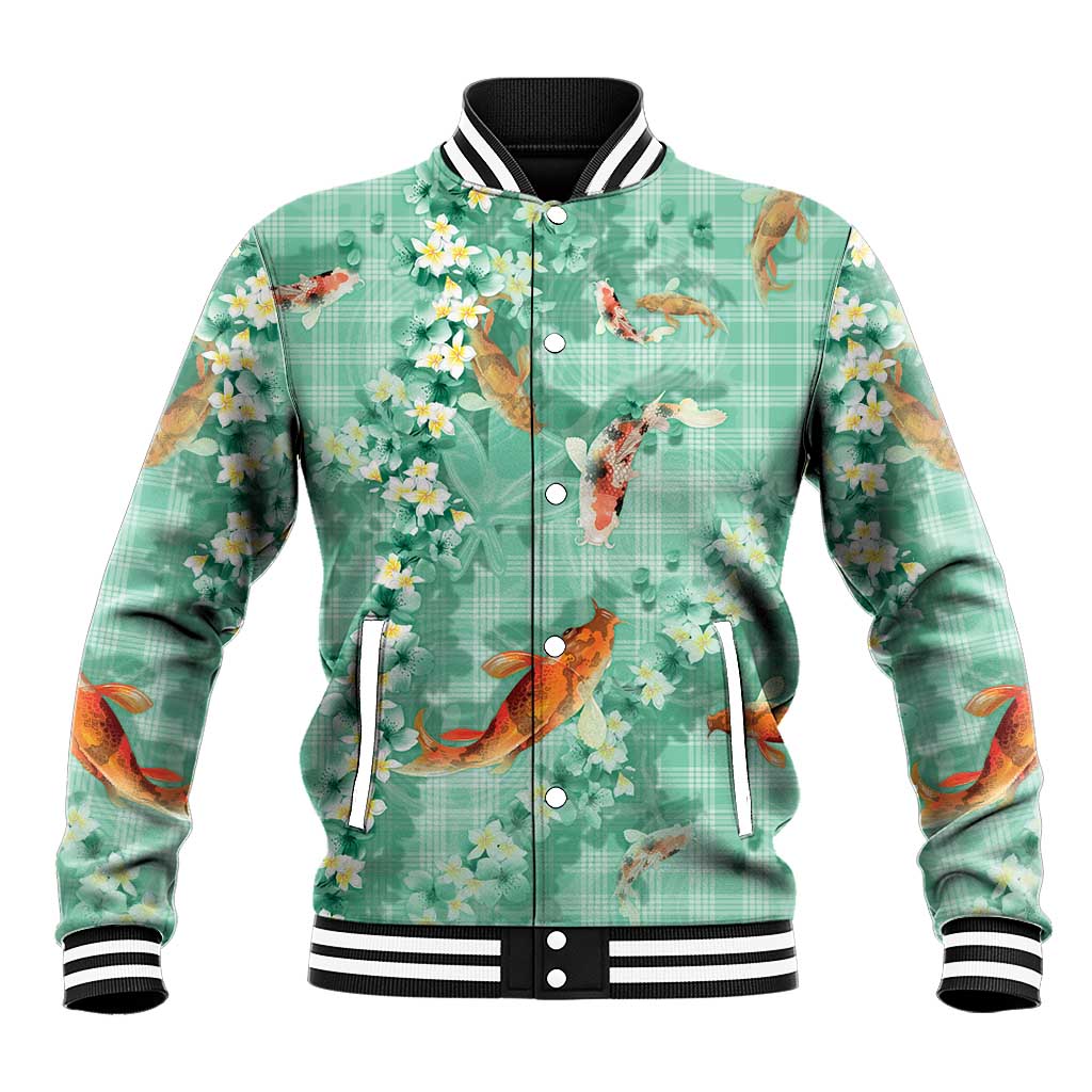 Green Palaka Hawaiian And Japanese Baseball Jacket Sakura Lei With Koi Fish - Polynesian Pride
