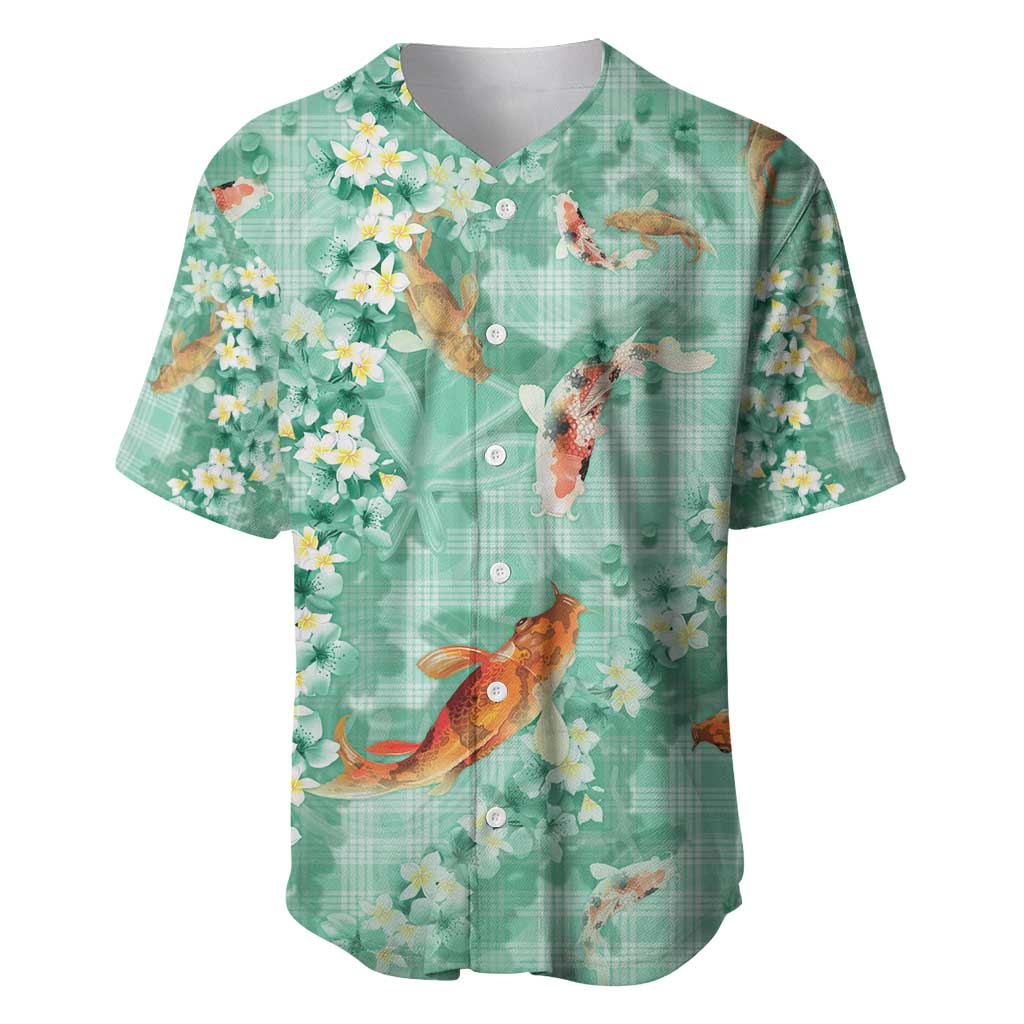 Green Palaka Hawaiian And Japanese Baseball Jersey Sakura Lei With Koi Fish - Polynesian Pride