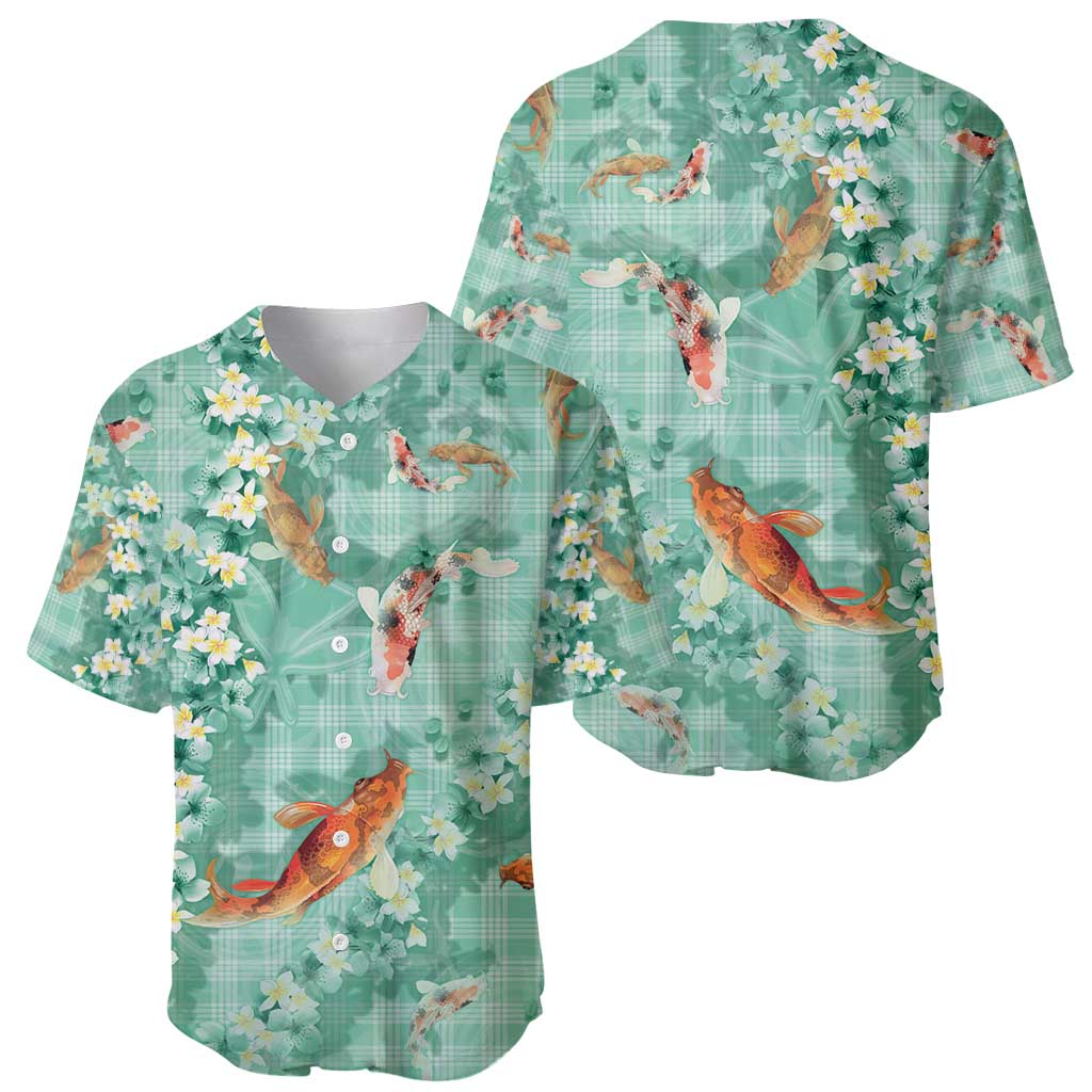 Green Palaka Hawaiian And Japanese Baseball Jersey Sakura Lei With Koi Fish - Polynesian Pride